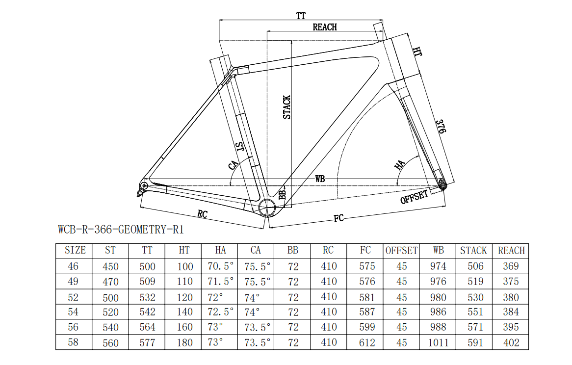 WCB-R-366 Road Bike Frame Product Diagram