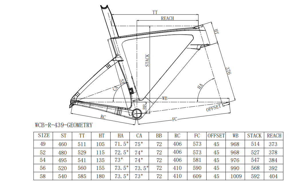 WCB-R-439 Road Bike Frame Product Diagram
